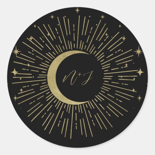 Sticker Rond Étoiles noires et dorées Soleil céleste Explosion (Devant)