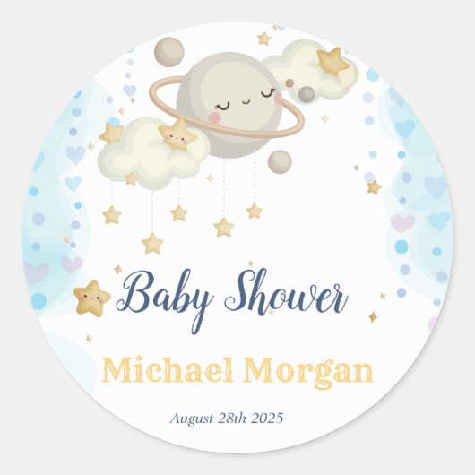 Sticker Rond Etoiles Planète Nuages Baby shower bleu (Devant)