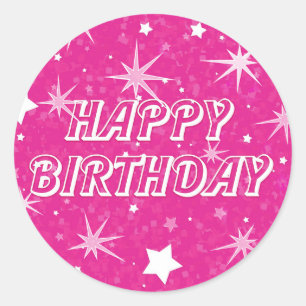 Sticker Rond Étoiles scintillantes rose vif Joyeux Anniversaire