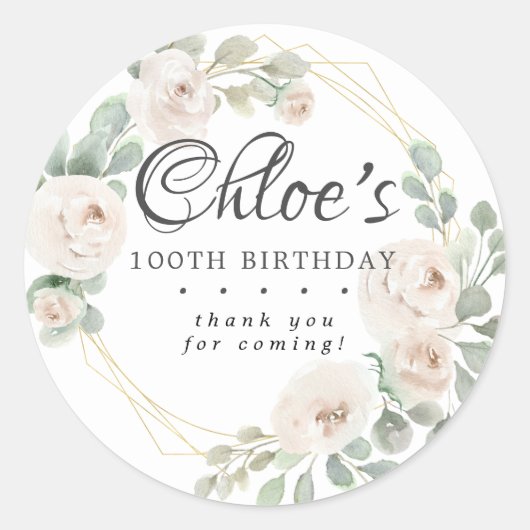 Sticker Rond Eucalyptus Blanc Floral 100e Anniversaire Merci (Devant)