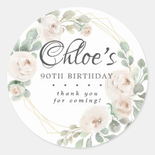 Sticker Rond Eucalyptus Blanc Floral 90e Anniversaire Merci