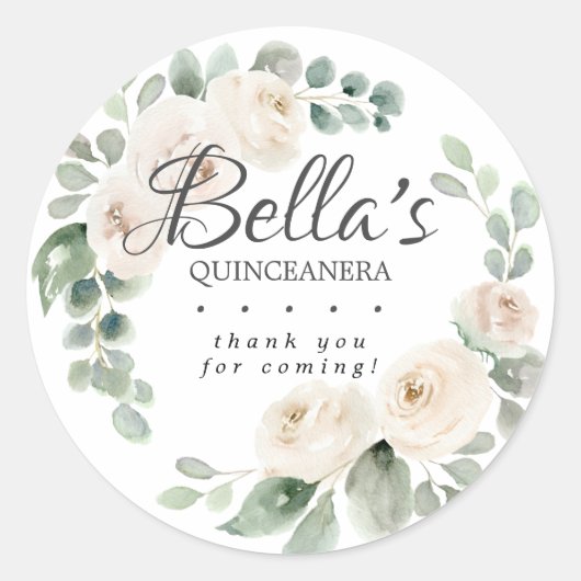 Sticker Rond Eucalyptus Blanc Floral QuinceaneraMerci (Devant)