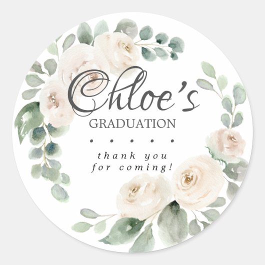 Sticker Rond Eucalyptus Blanc Merci de graduation Florale (Devant)