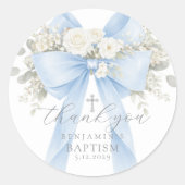 Sticker Rond Eucalyptus Blue Bow Baptism Thank you (Devant)
