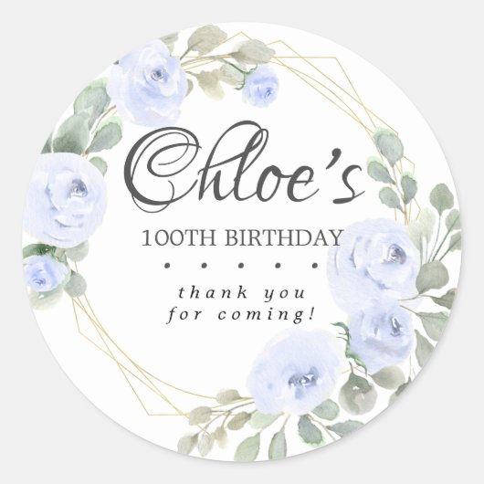 Sticker Rond Eucalyptus Blue Floral 100e anniversaire Merci (Devant)