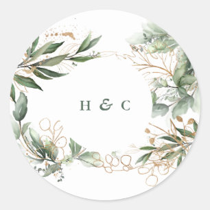 Sticker Rond Eucalyptus Botanique Or Élégant Émeraude Verdure