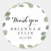 Sticker Rond Eucalyptus Calligraphie Merci Mariage Faveur (Devant)
