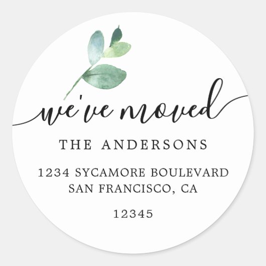 Sticker Rond Eucalyptus Calligraphy We’ve Moved New Address (Devant)