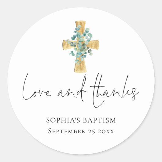 Sticker Rond Eucalyptus Cross Script Baptême Christening Merci (Devant)