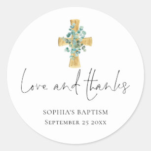 Sticker Rond Eucalyptus Cross Script Baptême Christening Merci