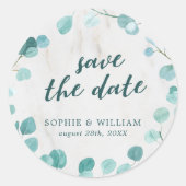 Sticker Rond Eucalyptus et marbre Enregistrer la date (Devant)