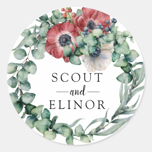 Sticker Rond Eucalyptus et mariage floral rouge Favoriser (Devant)