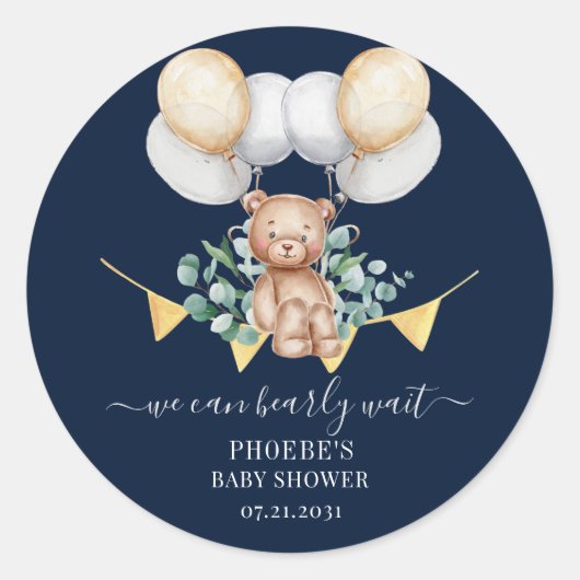 Sticker Rond Eucalyptus Feuille Baby shower Marine Ours & Ballo (Devant)