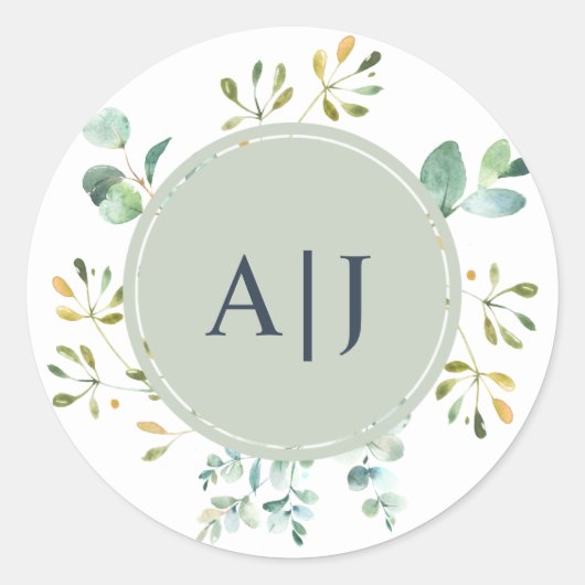 Sticker Rond Eucalyptus Foliage Mariage Botanique Monogramme (Devant)