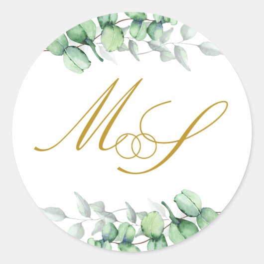 Sticker Rond Eucalyptus Gold Monogram Mariage (Devant)
