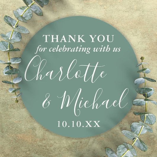 Sticker Rond Eucalyptus Green Signature Mariage Faveur Merci