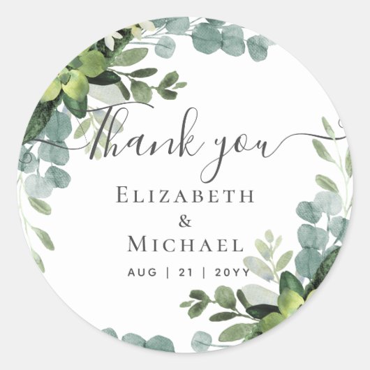 Sticker Rond Eucalyptus Mariage - Aquarelle Feuilles de verdure (Devant)