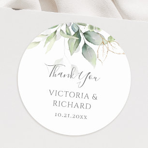 Sticker Rond Eucalyptus Verdure Feuilles Dorées Mariage Élégant