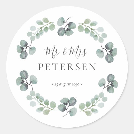Sticker Rond Eucalyptus verdure m et mme nom mariage (Devant)