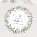 Sticker Rond Eucalyptus Verdure Or Feuilles Élégant<br><div class="desc">Beaux autocollants enveloppes avec des eucalyptus d'aquarelle rose florale et des feuilles d'or.</div>