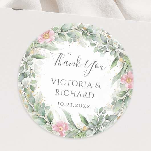 Sticker Rond Eucalyptus Verdure Or Feuilles mariage élégant