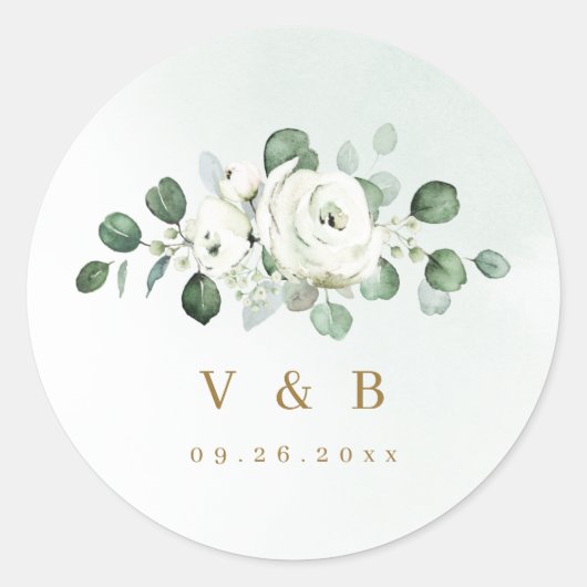 Sticker Rond Eucalyptus Vert blanc floral rustique monogramme (Devant)
