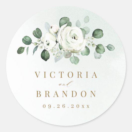 Sticker Rond Eucalyptus Vert blanc floral rustique monogramme (Devant)