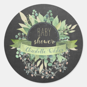 Sticker Rond Eucalyptus Vins Floraux Baby shower Chalkboard Cla