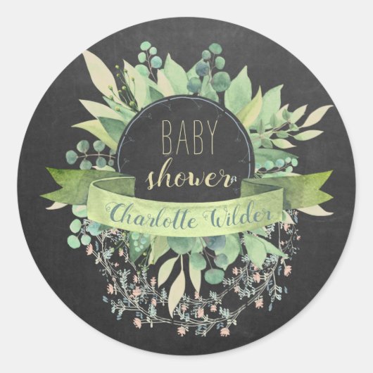 Sticker Rond Eucalyptus Vins Floraux Baby shower Chalkboard Cla (Devant)