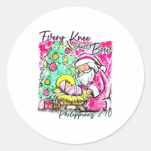 Sticker Rond Every Knee Shall Bow Santa Christmas Nativity Scen (Devant)