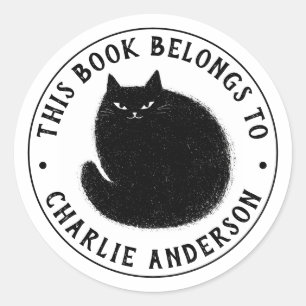 Sticker Rond Ex-libris de livre de bibliothèque de chat noir mi
