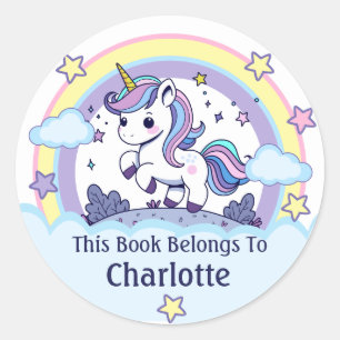 Sticker Rond Ex-libris personnalisé Licorne Pastel Mignonne