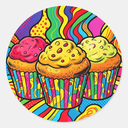 Sticker Rond Explosion de cupcakes arc-en-ciel Pop Art (Devant)