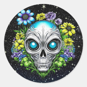Sticker Rond Extraterrestre Alien avec yeux et fleurs bleus