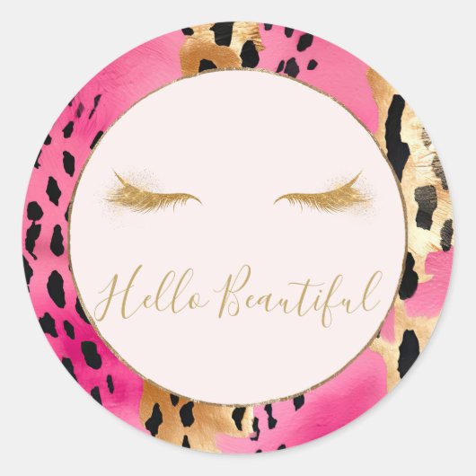 Sticker Rond Eyelashes Fille Glam rose Étincelle Leopard (Devant)
