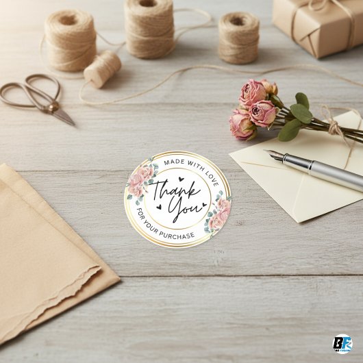 Sticker Rond Fabriqué à la main avec amour nom de coeur Merci