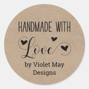 Sticker Rond Fabriqué à la main avec amour par Nom personnalisé