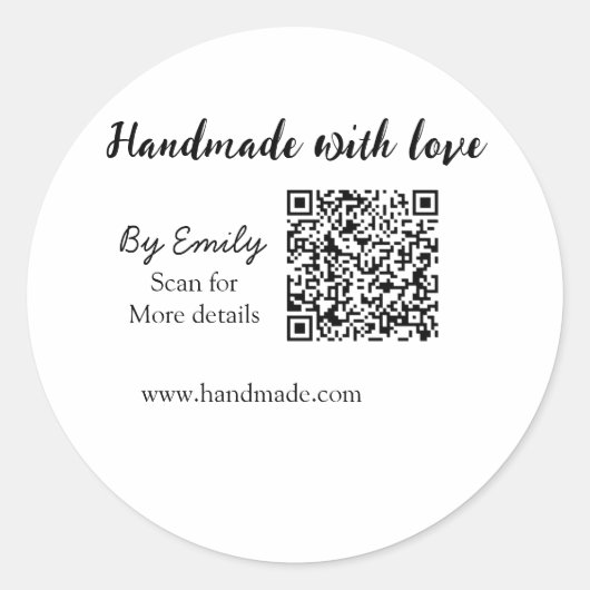 Sticker Rond Fabriqué à la main avec amour Q R code site pour p (Devant)