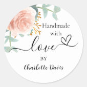 Sticker Rond Fabriqué à la main avec amour rose or floral (Devant)