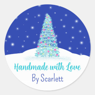 Sticker Rond Fabriqué à la main avec l'arbre de Noël bleu amour