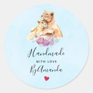 Sticker Rond Fabriqué avec amour Aquarelle mignonne Mère Lion &