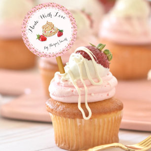 Sticker Rond Fabriqué Avec Amour Aquarelle Pâtisserie fraise Pu