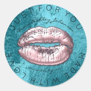 Sticker Rond Fabriqué Avec Amour Baiser Rose Turqoise Lips De M
