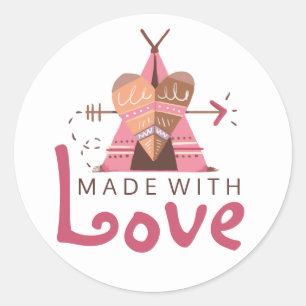 Sticker Rond Fabriqué avec amour Boho Teepee Tribal Heart & Flè