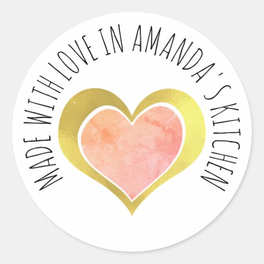 Sticker Rond Fabriqué avec amour Coeur d'or rose (Devant)