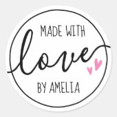 Sticker Rond Fabriqué avec amour coeur rose nom personnalisé (Devant)