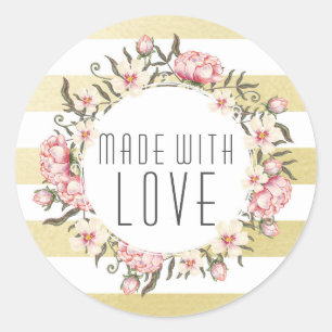 Sticker Rond Fabriqué Avec Amour Grilles Or Moderne & Rose Flor