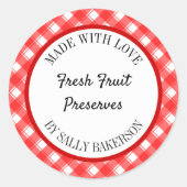 Sticker Rond Fabriqué avec amour modifiable rouge blanc plaid R (Devant)