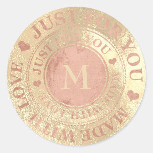 Sticker Rond Fabriqué avec amour Monogramme Rose Or Metallic
