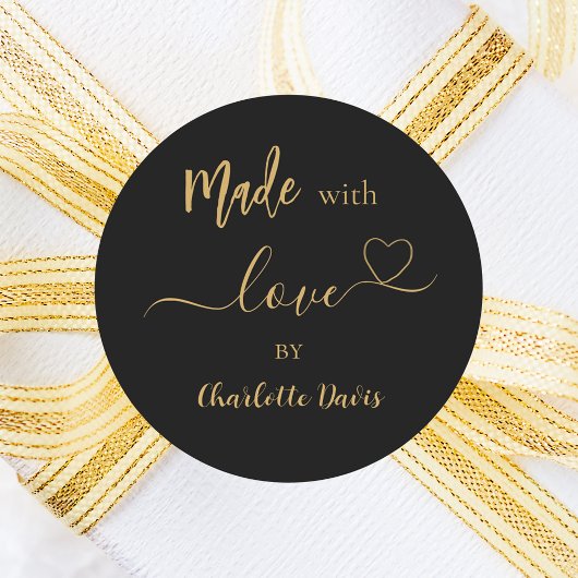 Sticker Rond Fabriqué avec amour nom or noir